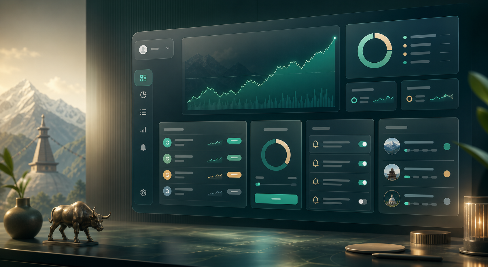 Premium illustration of the NEPSE portfolio workspace with charts, alerts, and portfolio modules.